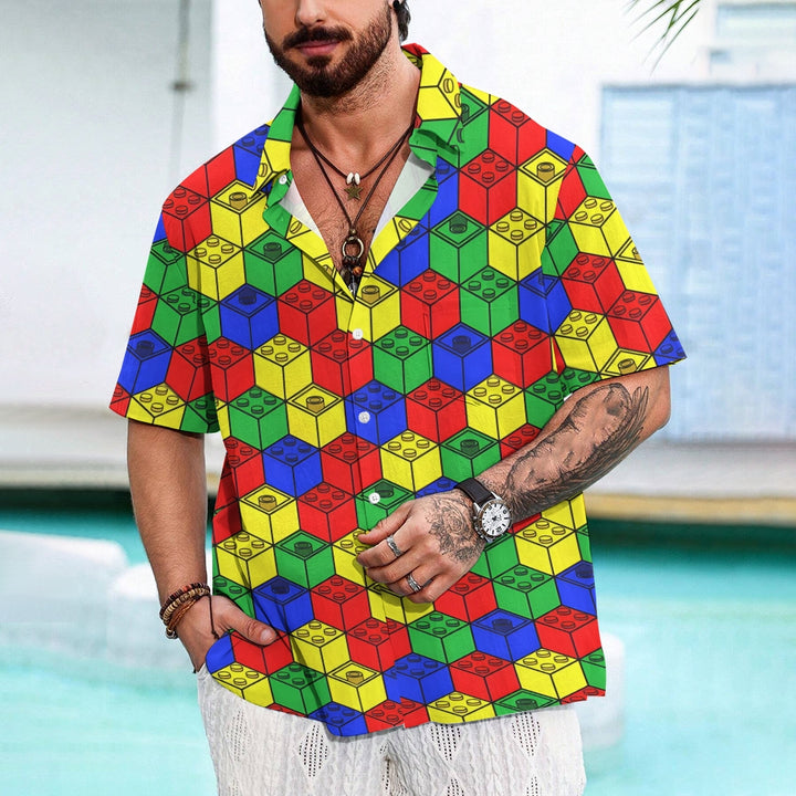 Men's Building Block Printed Casual Short Sleeve Shirt 2409008703