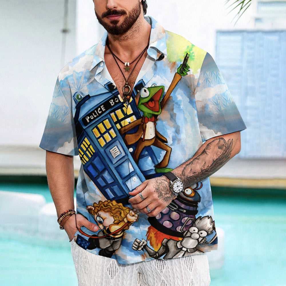 Police Box Cartoon Print Casual Short Sleeve Shirt 2410006780