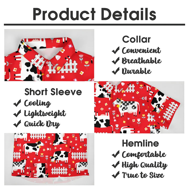 Cow Fence Red Casual Short Sleeve Shirt 2409008970