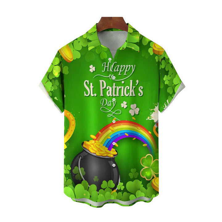 St. Patrick's Day Rainbow Print Breast Pocket Short Sleeve Shirt