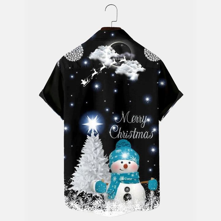 Christmas Snowman Print Men's Holiday Chest Short Sleeve Shirt