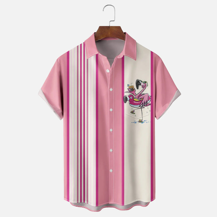 Flamingo Vacation Pink Chest Pocket Bowling Shirt