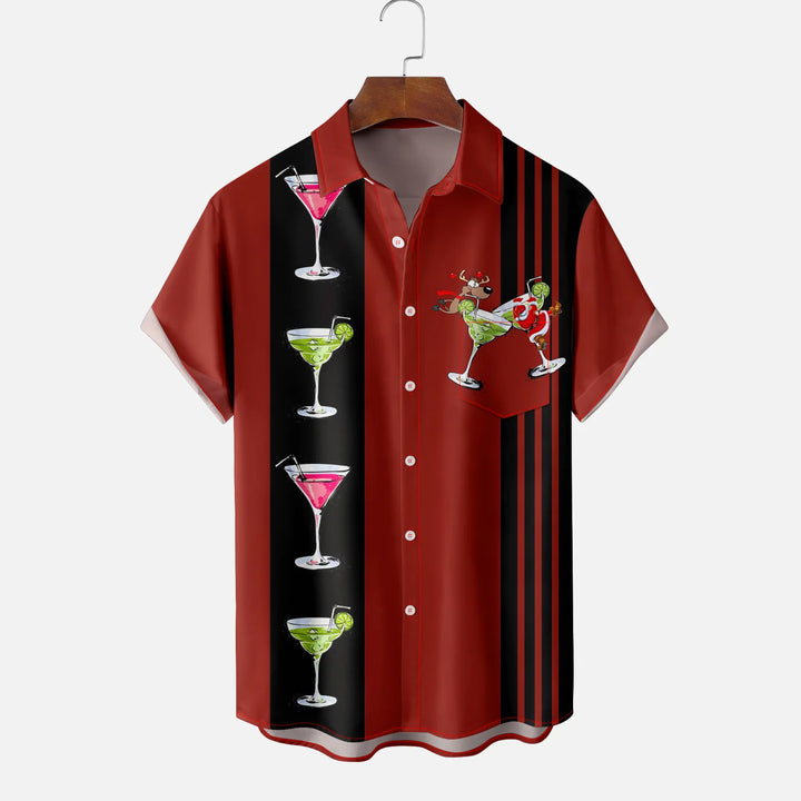 Christmas Santa Claus Elk Wine Glass Chest Pocket Bowling Shirt