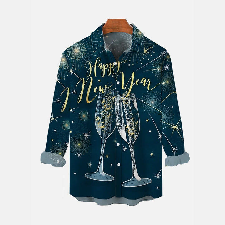 Happy New Year Fireworks and Champagne Print Long Sleeve Shirt