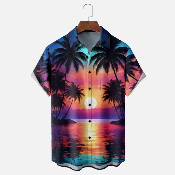 Beach Coconut Trees Sunset Gradient Chest Pocket Hawaiian Shirt