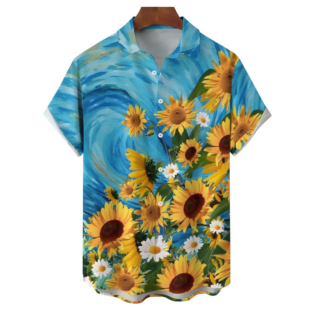 Men's Sunflower Floral Blue Short Sleeve Shirt 2305101773