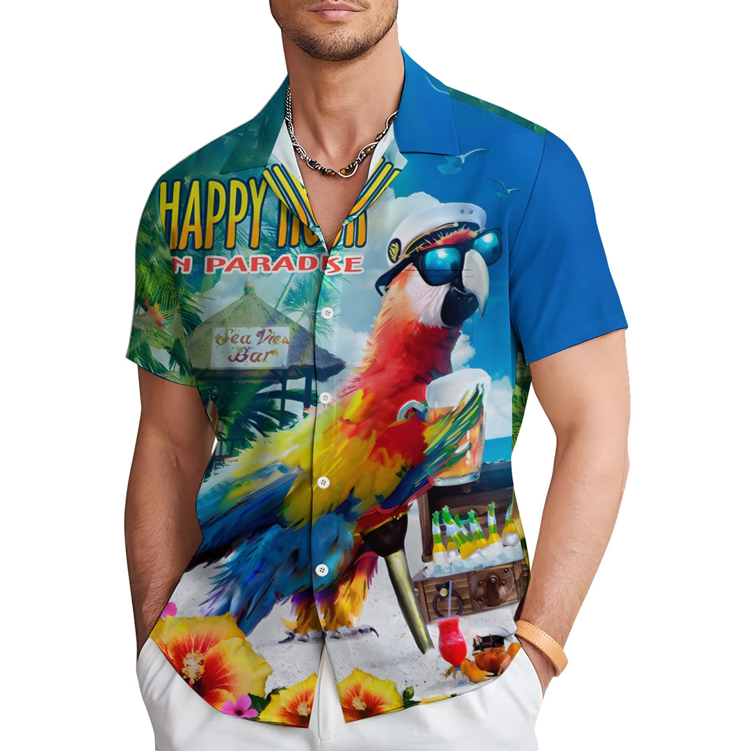 Men's Hawaiian Parrot Beer Print Casual Short Sleeve Shirt 2404001293