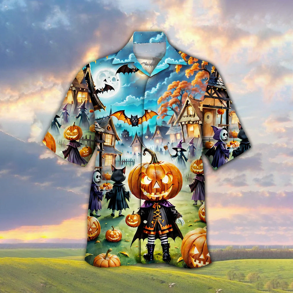 Halloween Pumpkin Ghost Park Cuban Collar Short Sleeve Shirt