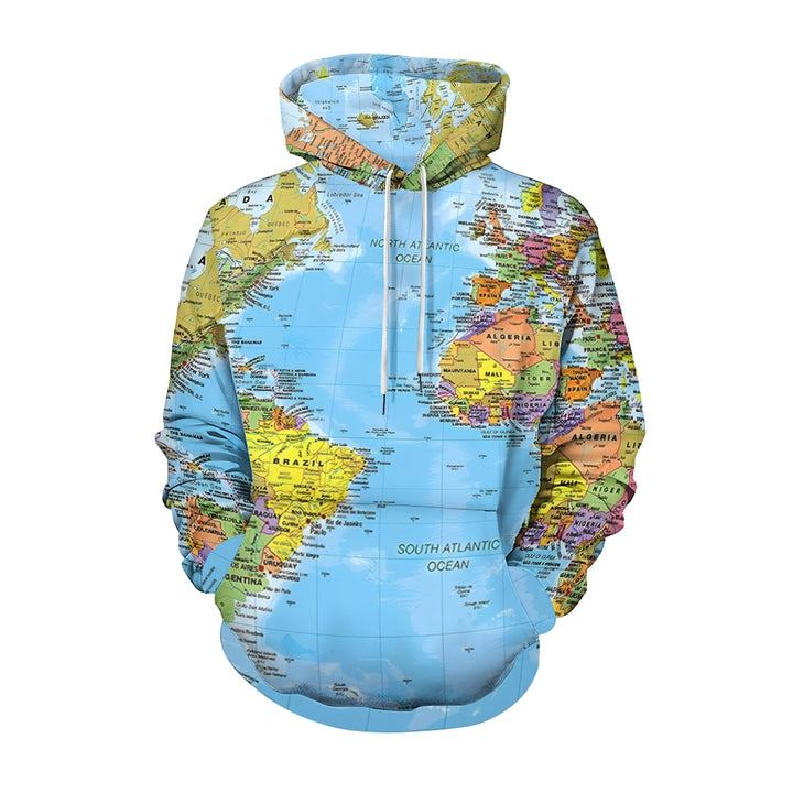 Retro Map Multicolor Long Sleeve Hooded Sweatshirt 2411004094