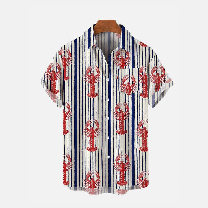 Vintage Striped And Lobster Pattern Printing Breast Pocket Short Sleeve Shirt