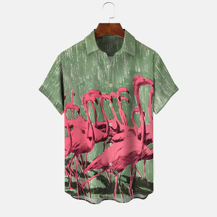 Flamingo Button Pocket Casual Short Sleeve Shirt