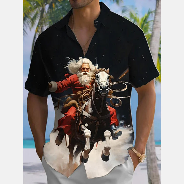 Christmas Funny Santa Riding Button Pocket Casual Short Sleeve Shirt