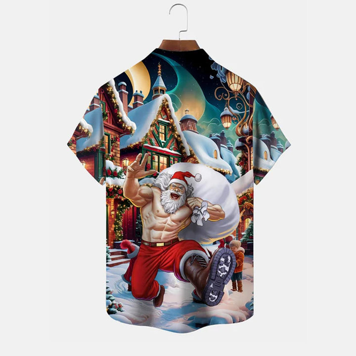 Christmas Santa Claus Snowman Button Pocket Casual Short Sleeve Shirt