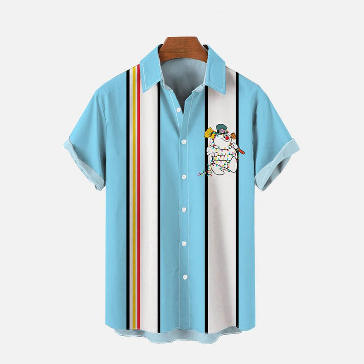 Retro Camping Blue And White Striped And Cartoon Snowman Printing Short Sleeve Shirt