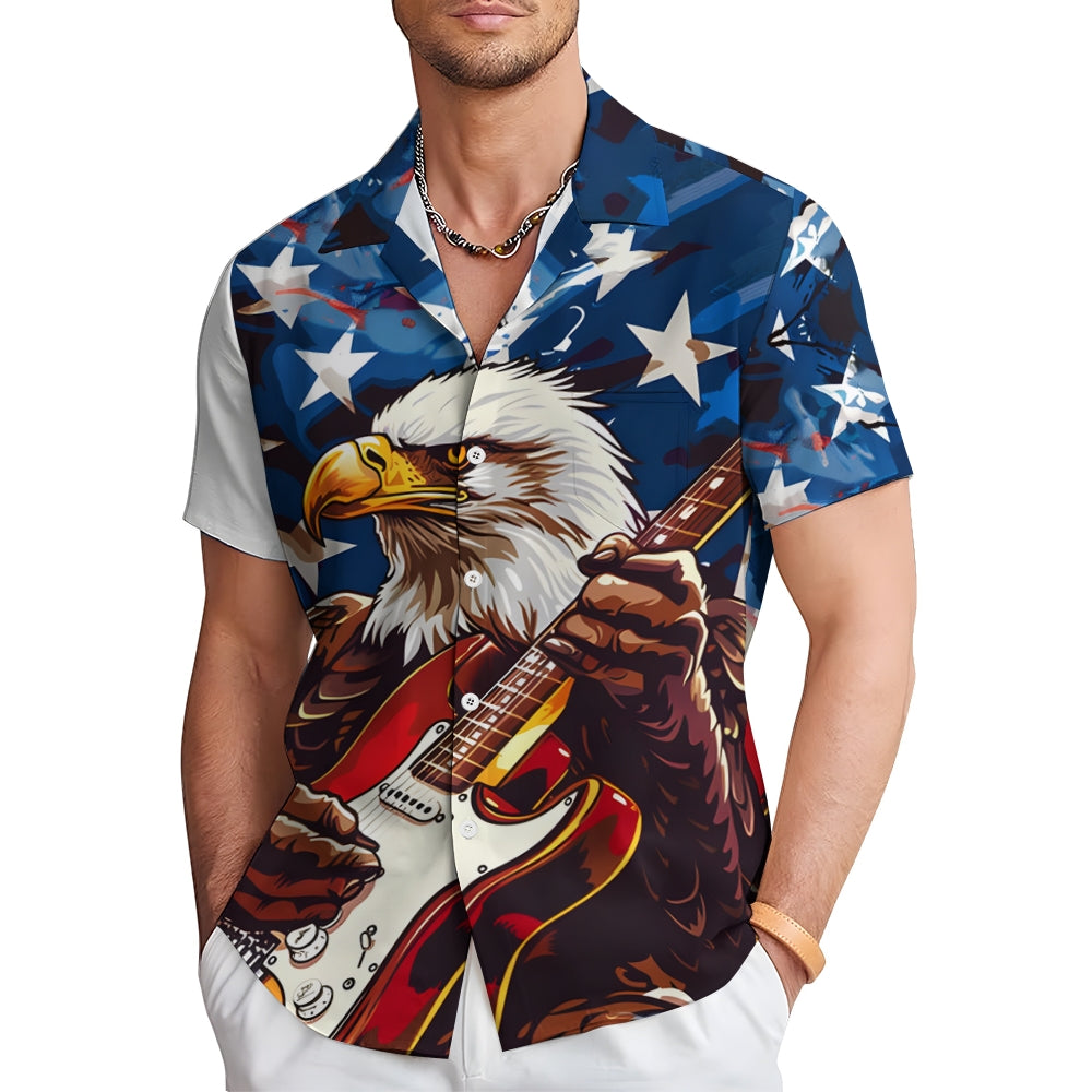 Stars and Stripes Eagle Print Casual Oversized Short Sleeve Shirt 2406003504