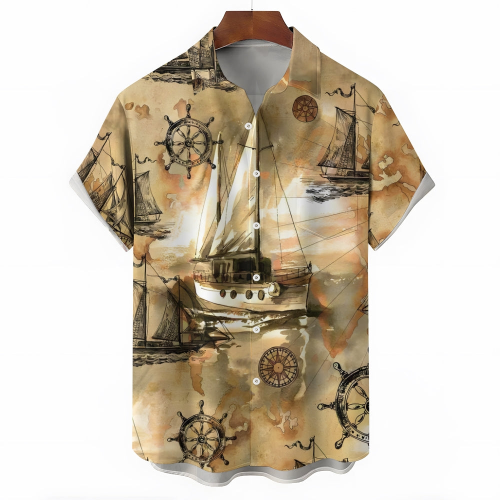 Nautical Sailboat Art Watercolor Print Casual Short Sleeve Shirt 2412004837