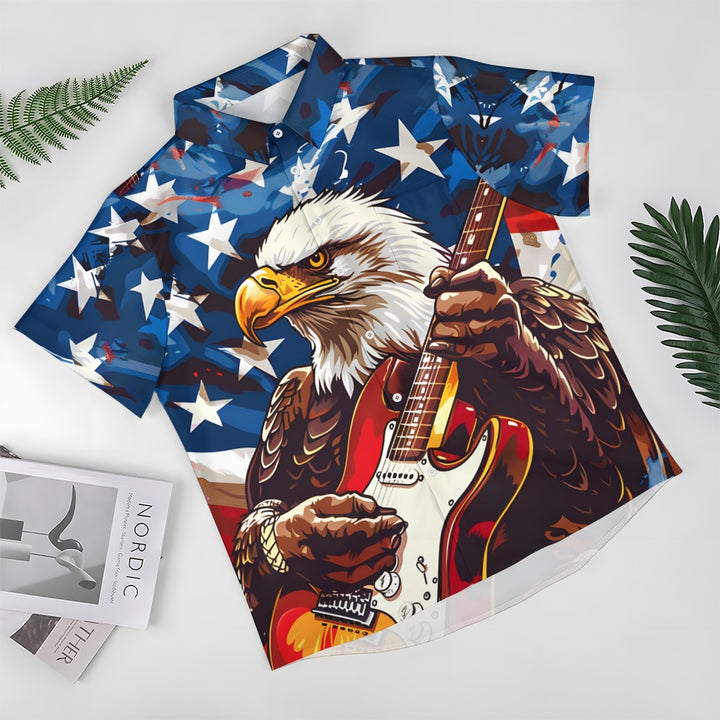 Stars and Stripes Eagle Print Casual Oversized Short Sleeve Shirt 2406003504