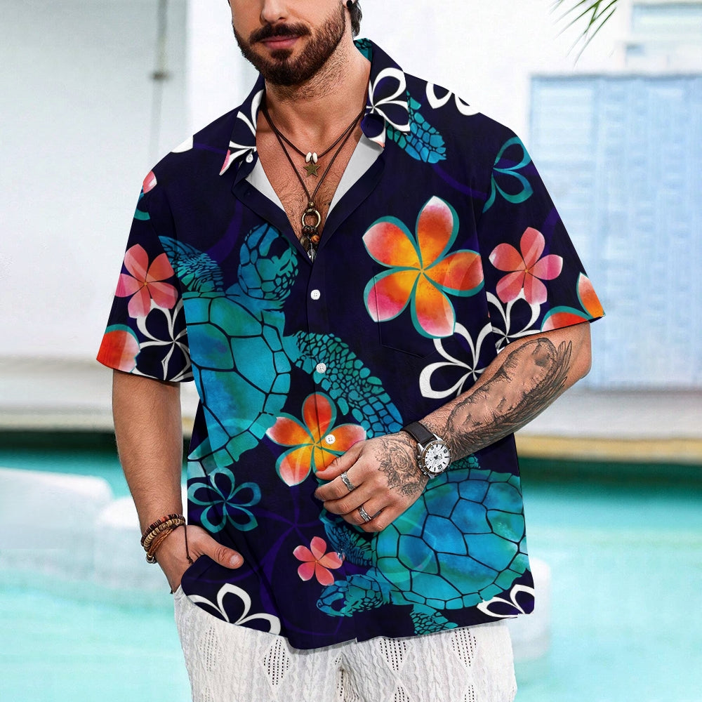 Hawaiian Flower And Turtle Art Print Casual Short Sleeve Shirt 2410001351