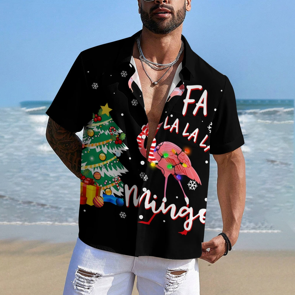 Christmas Tree And Flamingo Print Casual Short Sleeve Shirt 2411008547