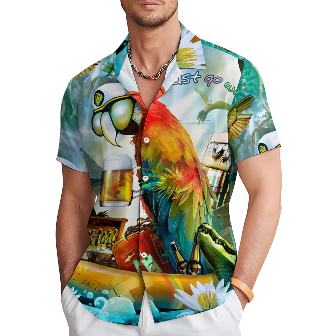 Men's Hawaiian Parrot Beer Print Casual Short Sleeve Shirt 2404001275