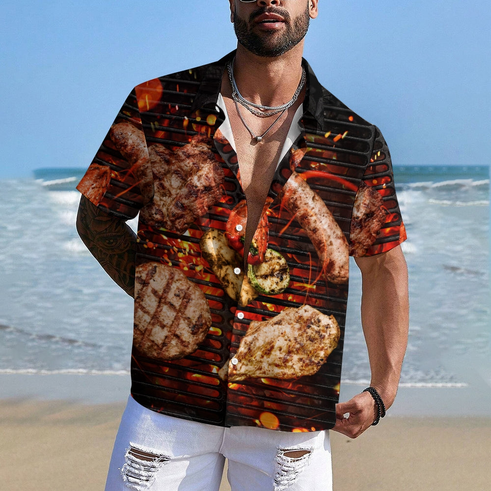 BBQ Food Print Casual Large Size Short Sleeve Shirt 2408002710