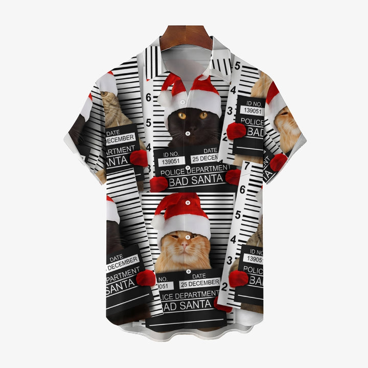 Christmas Cat Fun Print Short Sleeve Shirt 2410003757