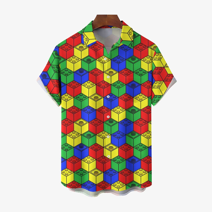 Men's Building Block Printed Casual Short Sleeve Shirt 2409008703