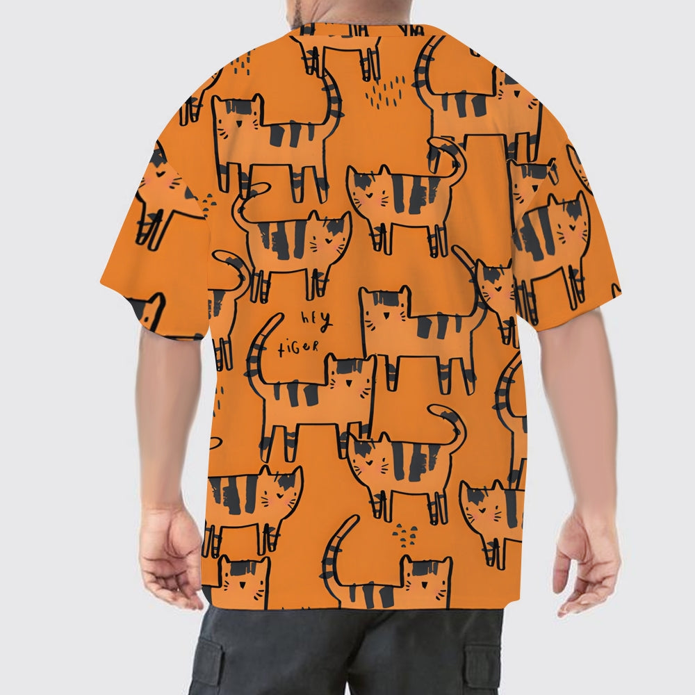 Cartoon Cat Men's Large Size Printed Short Sleeve T-Shirt 2405000693