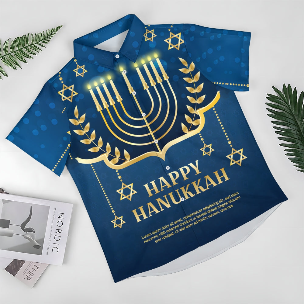 Happy Hanukkah Candle Print Short Sleeve Shirt 2411011956