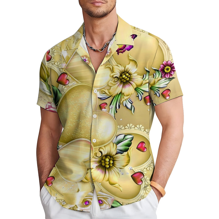 Valentine's Day Yellow Love Heart Flower Print Short Sleeve Shirt 2412008945