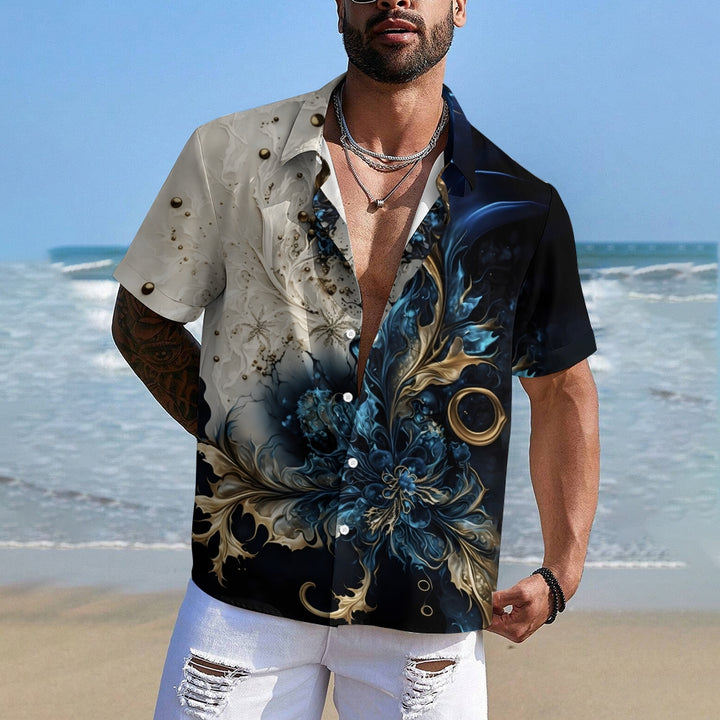 Hawaiian Gilded Art Floral Print Men's Button Pocket Short Sleeve Shirt 2405000202