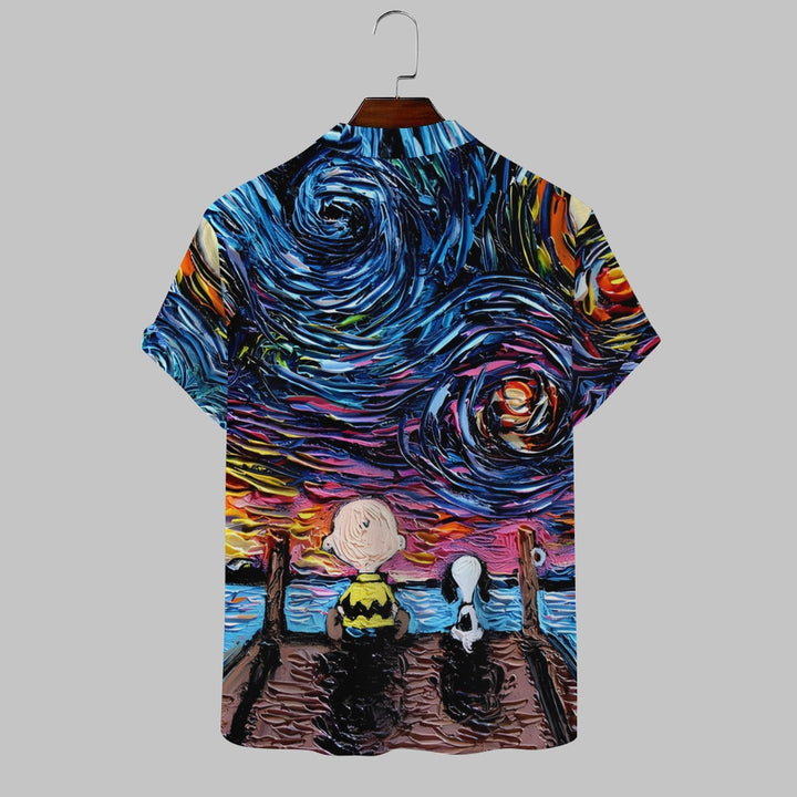 Starry Sky Cartoon Character Stand-Up Collar Half-Lapel Short-Sleeved Shirt 2408004478