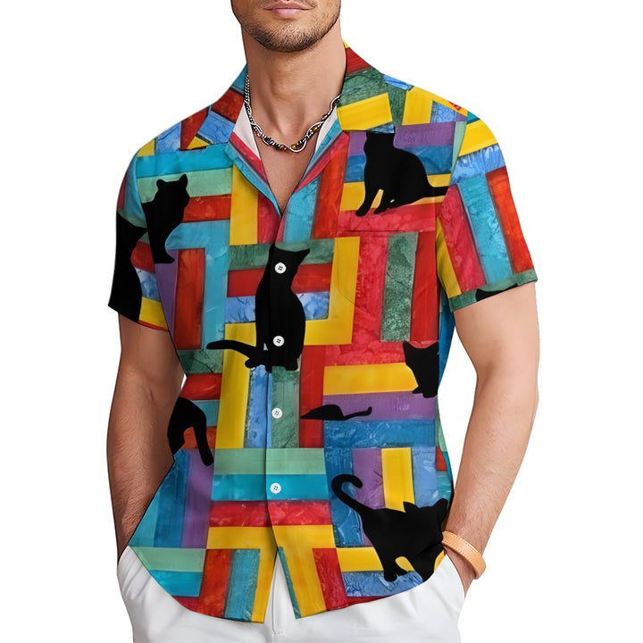 Colorful Geometric Cat Shadow Linen Short Sleeve Shirt 2409009727