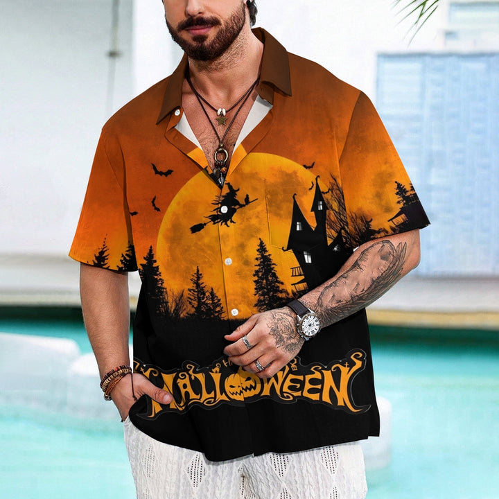 Halloween Flying Witch Print Short Sleeve Shirt 2408007018