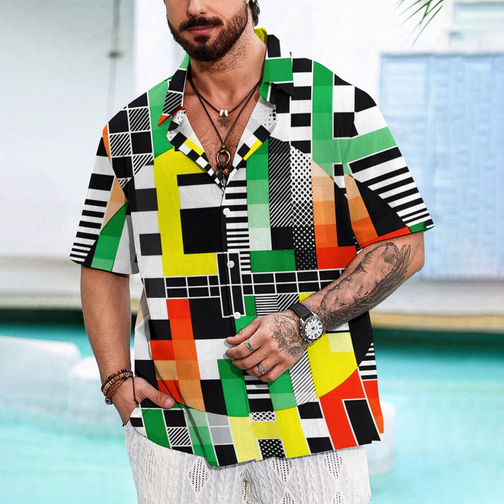 Geometric Mosaic Colorful Linen Short Sleeve Shirt 2409009638