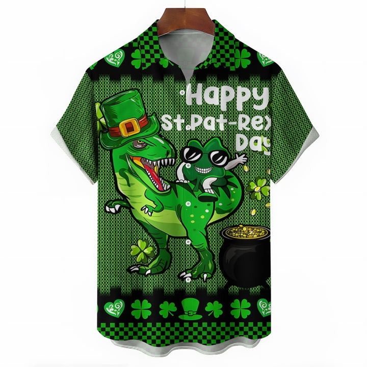 Four Leaf Clover Happy St. Patrick's Day Dinosaur Print Short Sleeve Shirt 2411002288