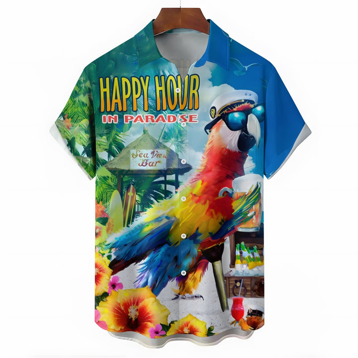 Men's Hawaiian Parrot Beer Print Casual Short Sleeve Shirt 2404001293