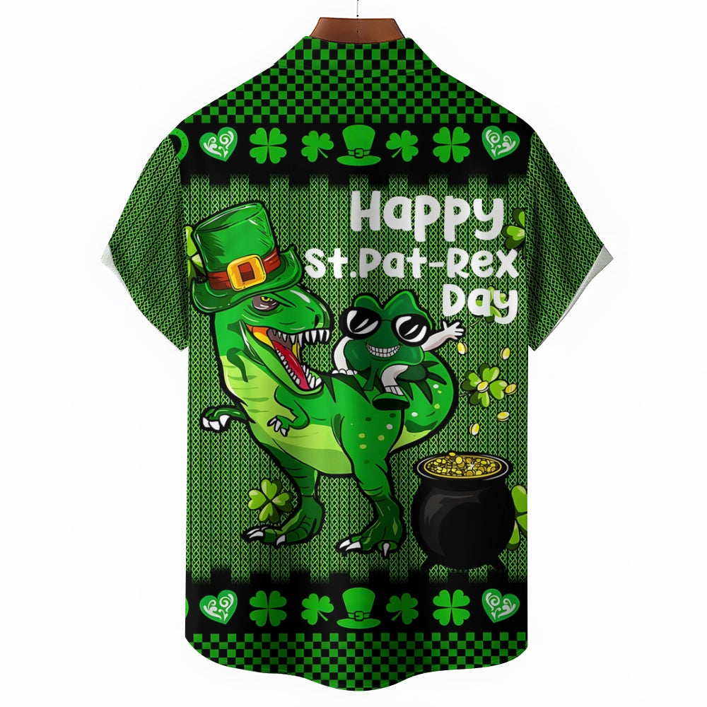 Four Leaf Clover Happy St. Patrick's Day Dinosaur Print Short Sleeve Shirt 2411002288