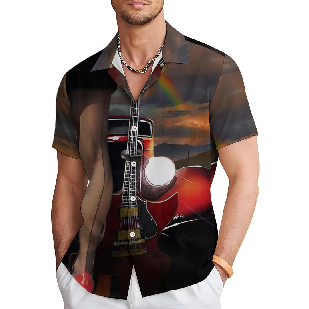 Retro Car Girl Guitar Music Casual Short Sleeve Shirt 2404000714
