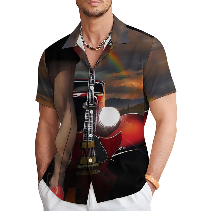 Retro Car Girl Guitar Music Casual Short Sleeve Shirt 2404000714