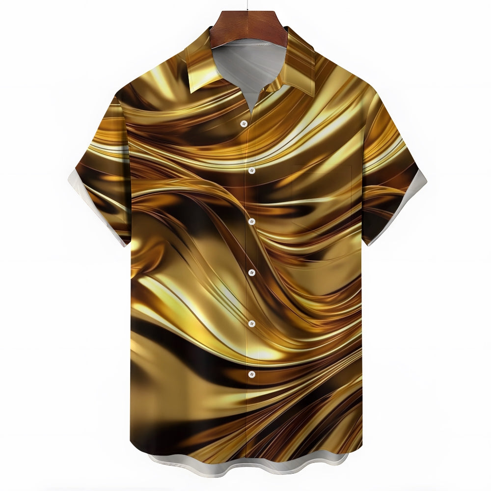 Gold Curve Texture Print Casual Large Size Short Sleeve Shirt 2407001295