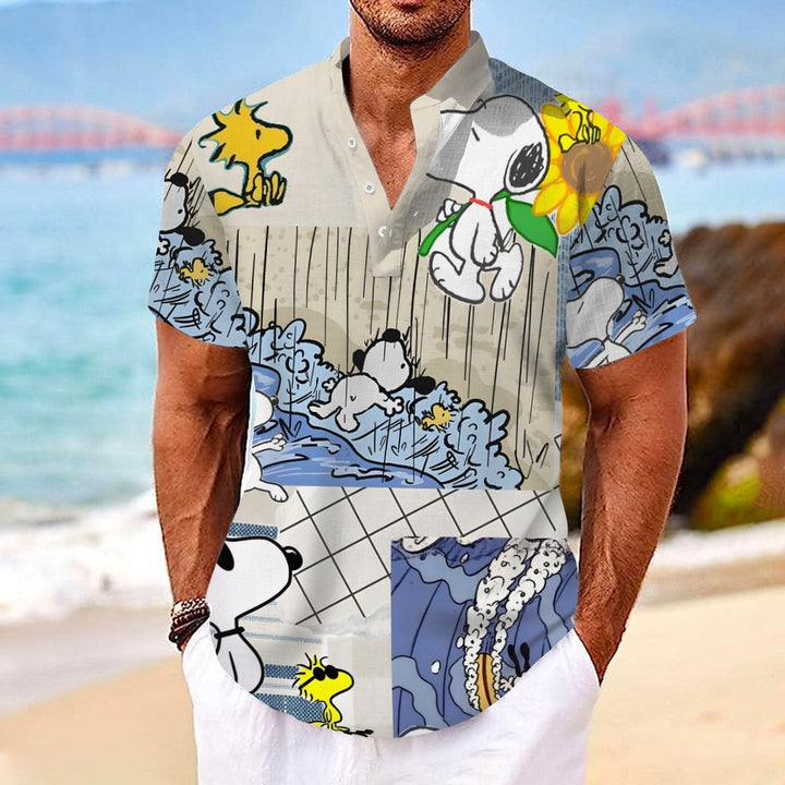 Cartoon Character Comfortable And Breathable Short-Sleeved T-Shirt With Linen Stand Collar And Half Placket 2404001676