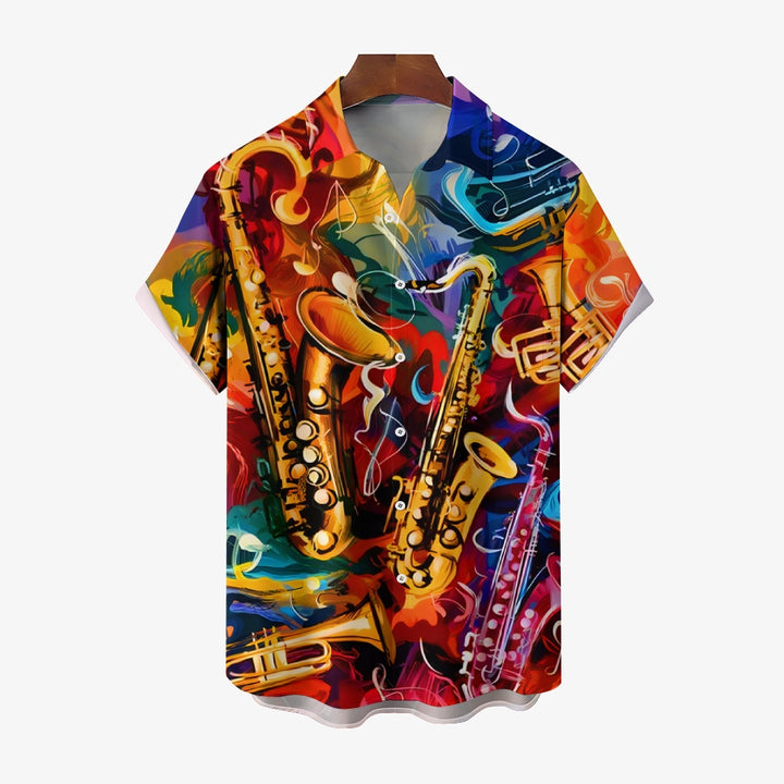 Men's Music Saxophone Print Casual Short Sleeve Shirt 2412007593