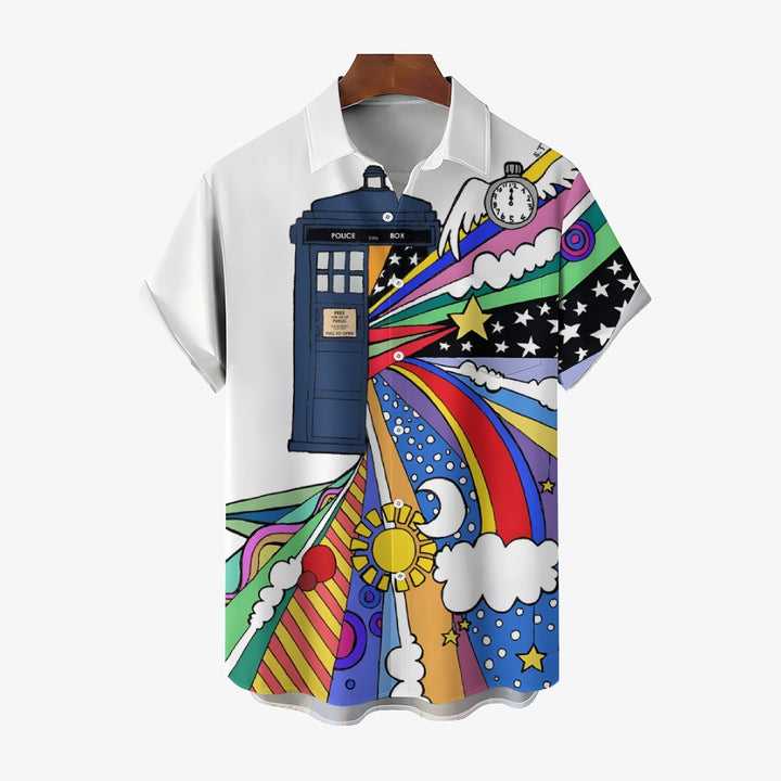 Police Box Rainbow Print Casual Short Sleeve Shirt 2410006767