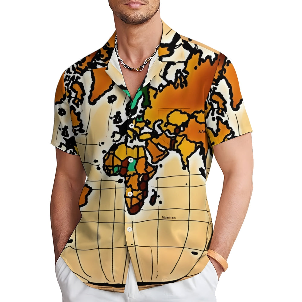 World Map Art Print Casual Short Sleeve Shirt 2409004531