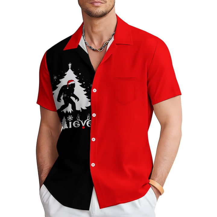 Black Bigfoot Christmas Tree Casual Short Sleeve Shirt 2411003465