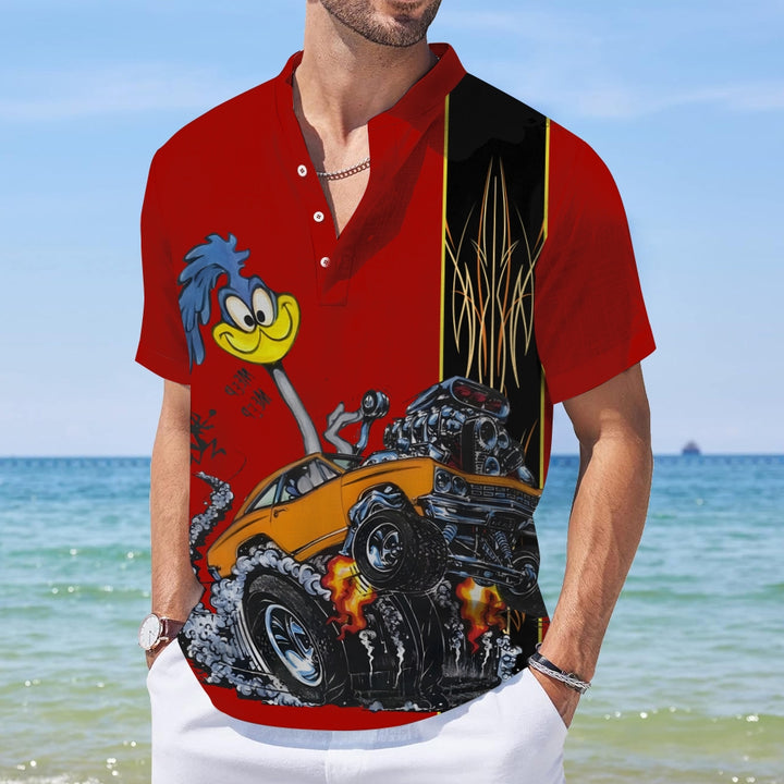 Classic Cartoon Modified Car Printing Stand-Up Collar Half-Lapel Short-Sleeved Shirt