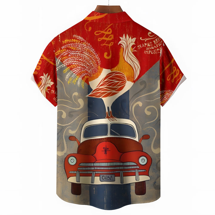 Men's Rooster Car Print Casual Short Sleeve Shirt 2404000452