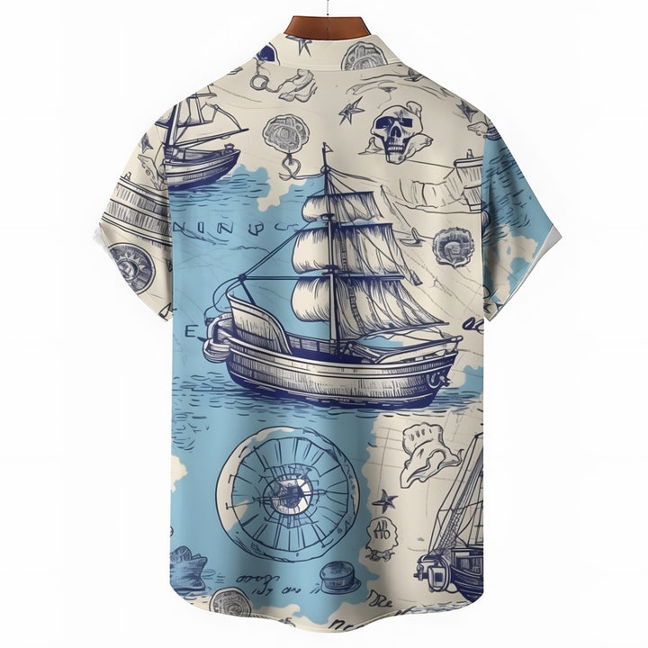 Nautical Sailboat Print Chest Pocket Short Sleeve Shirt 2411006014