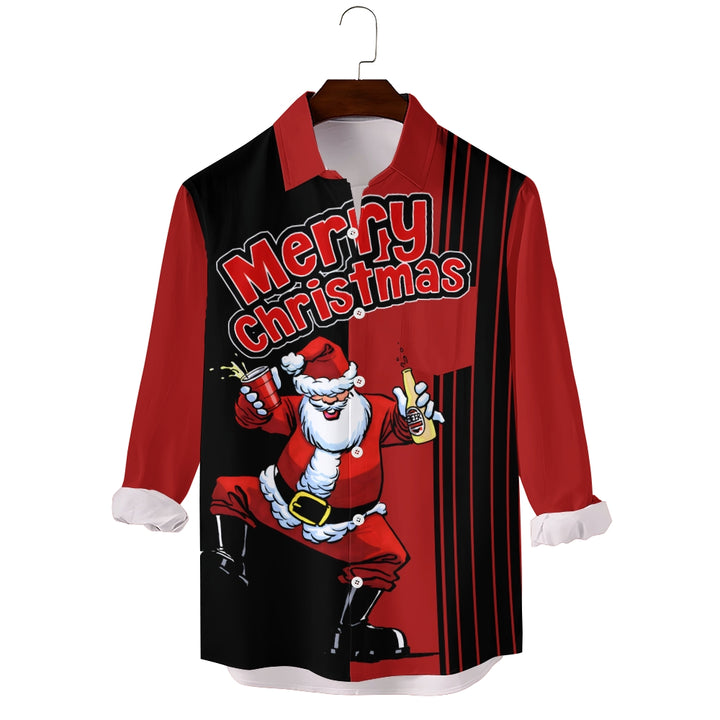 Men's Drink With Father Christmas Printed Long Sleeve Shirt